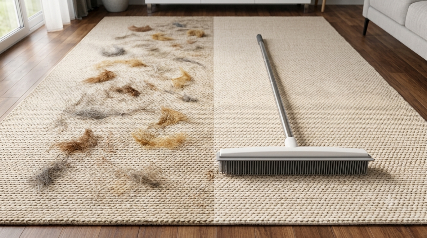 Rubber pet hair broom in use
